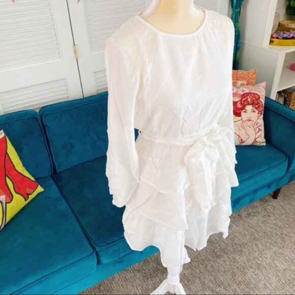 Entro | Elizabeth Tiered Puff Bubble Sleeve Dress White Layered Bohemian Small - Picture 5 of 15
